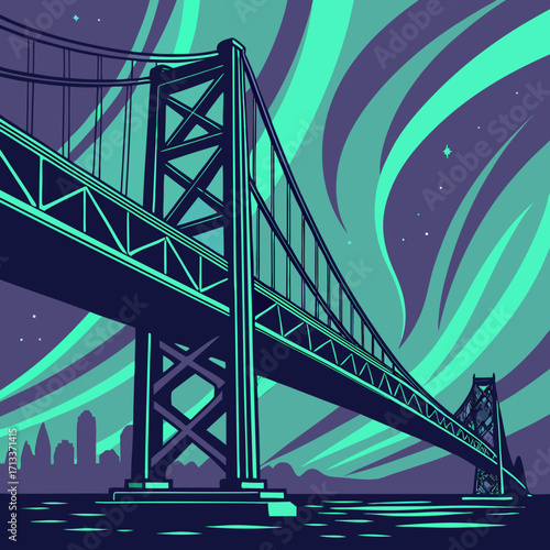Vector art of a captivating illustration of the bay bridge at night, showcasing its majestic structure against a backdrop of swirling aurora borealis, creating a surreal and vibrant scene