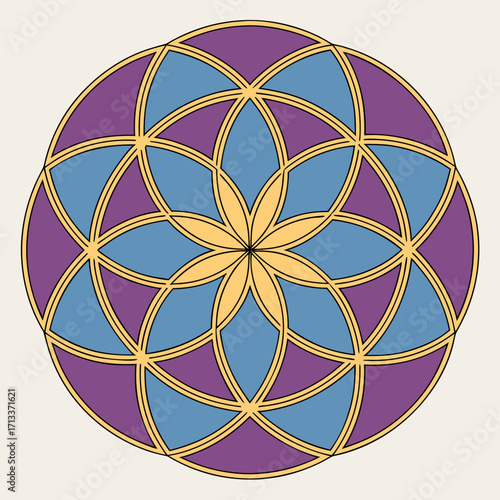 Vector art of a geometric flower of life pattern with purple, blue, and gold colors, creating a symmetrical and harmonious design