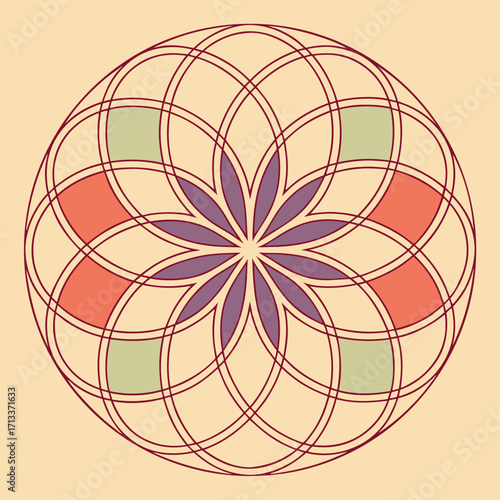 Vector art of a geometric flower of life pattern with red, green, and purple colors, creating a symmetrical and harmonious design