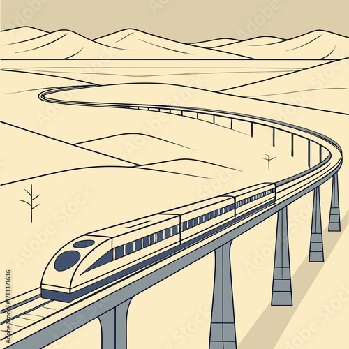 Vector art of a highspeed train glides across a bridge, its sleek design contrasting with the arid landscape, evoking a sense of modern travel amidst the vast desert scenery