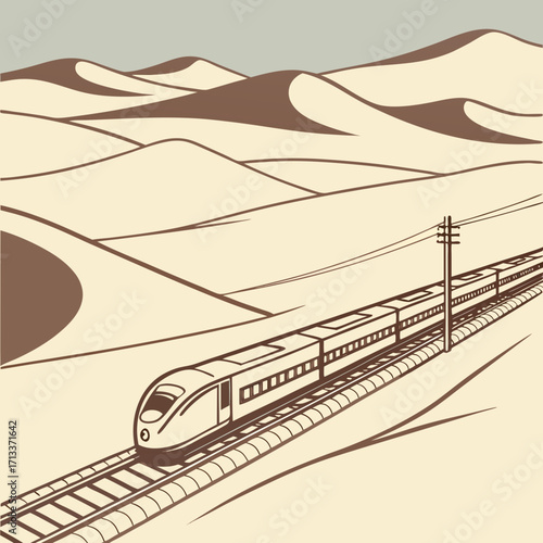 Vector art of a highspeed train traverses the desert landscape, its sleek design contrasting with the rolling dunes, symbolizing modern travel through the vast, arid terrain