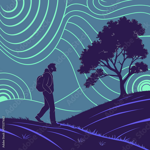 Vector art of a lone hiker walking on a hill under a stylized sky and a silhouetted tree, evoking a sense of solitude and connection with nature in a dreamlike landscape