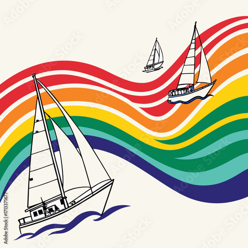 Vector art of a lively illustration showcasing sailboats navigating a wavy sea under a vibrant rainbow, creating a cheerful and picturesque scene of maritime adventure