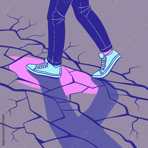 Vector art of a person in sneakers walking on cracked ground, symbolizing the journey of overcoming obstacles and challenges in a creative endeavor