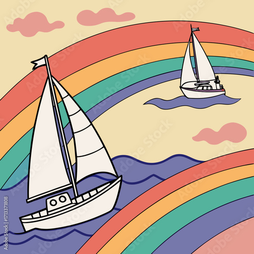 Vector art of a vibrant illustration featuring sailboats sailing on a wavy sea beneath a colorful rainbow, evoking a sense of joy, adventure, and the beauty of nature