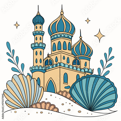 Vector art of a whimsical castle sits on a sandy beach, surrounded by seashells and stars, evoking a sense of magic and wonder, vector illustration