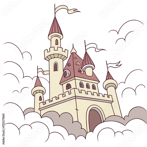 Vector art of a whimsical cartoon illustration of a fairytale castle with towers, flags, and clouds, , evoking a sense of fantasy and enchantment