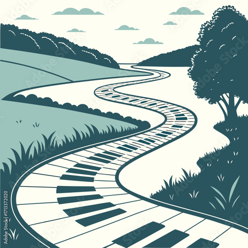 Vector art of a winding road made of piano keys leading through a scenic landscape, blending music and nature in a harmonious way