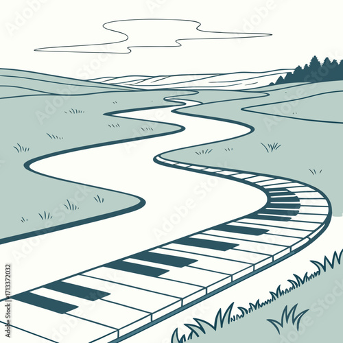 Vector art of a winding road of musical notes leads through a serene landscape, inviting creativity and harmony in every step