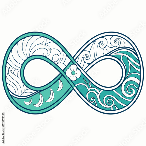 Vector art of infinity symbol with floral and wave patterns, representing balance and harmony, a symbol of endless possibilities and natural beauty