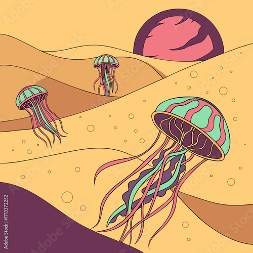 Vector art of jellyfish drift across a desert landscape under a surreal sun, their translucent bodies casting shadows on the dunes, a dreamlike fusion of marine and arid worlds
