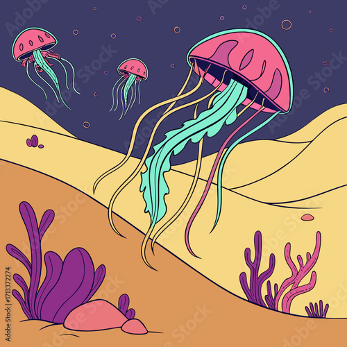Vector art of jellyfish float gracefully in an underwater landscape, their vibrant colors contrasting against the sandy seabed, creating a mesmerizing scene of marine life and beauty
