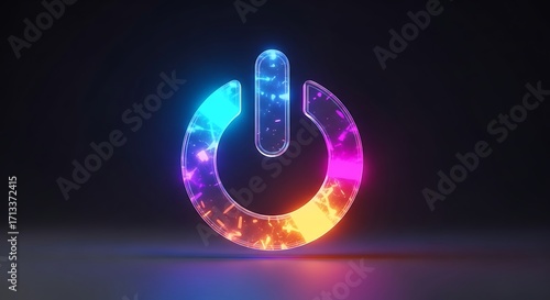 A futuristic, high-resolution 3D illustration of a power button symbol glowing with vibrant neon colors, prominently displayed against a dark, gradient background
