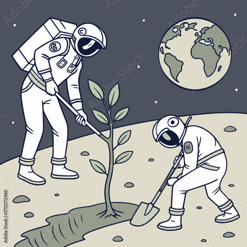 Vector art of two astronauts planting a tree on a moon with earth in the background, symbolizing hope and new beginnings in space exploration