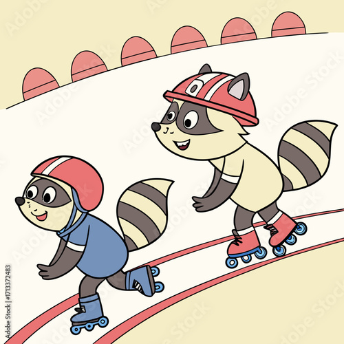 Vector art of two cartoon raccoons are roller skating at the rink, wearing helmets and enjoying a fun and active day, creating a cute and playful scene