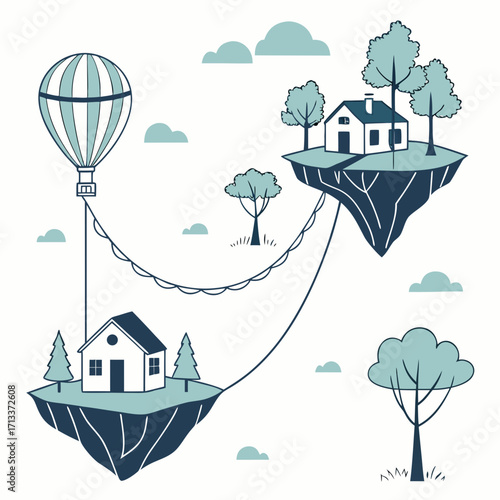 Vector art of whimsical floating islands connected by bridges and a hot air balloon, creating a dreamy and imaginative landscape