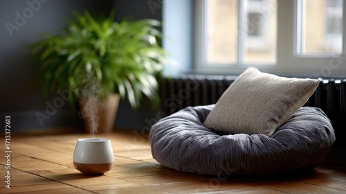 A cozy interior scene featuring a plush pet bed, a steaming humidifier, and a vibrant green plant, creating a serene atmosphere.