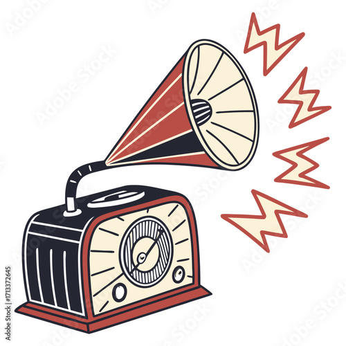 Vector art of vintage gramophone radio broadcasting music retro phonograph playing sound old record player with horn speaker antique radio receiver