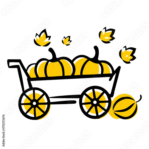 Hayride wagon with small autumn leaves and pumpkins — vector illustration