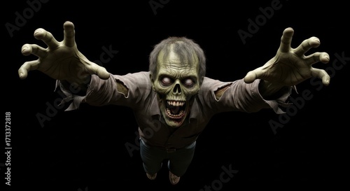 Menacing undead figure emerges from the darkness with outstretched hands and menacing gaze