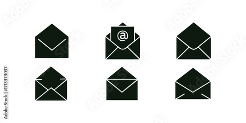 Set of digital vector icons showing opened mail envelopes and messaging symbols, perfect for web interfaces, apps, email services, and digital communication themes