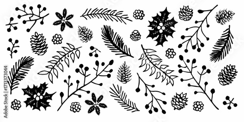 Collection of hand drawn black and white winter botanical elements including pine cones holly berries and pine needles