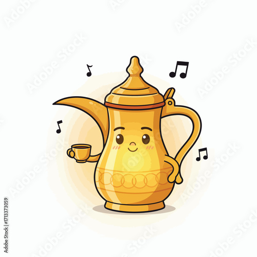 Cheerful golden Arabic coffee pot cartoon character enjoying a happy moment with a tiny cup, surrounded by playful musical notes, bringing warmth and cultural charm and hospitality
