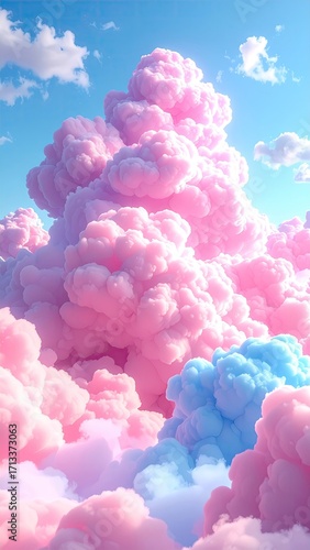Pink and blue fluffy clouds against a bright blue sky