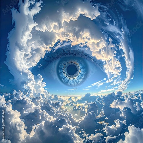 Vast sky eye, clouds swirl, deep blue