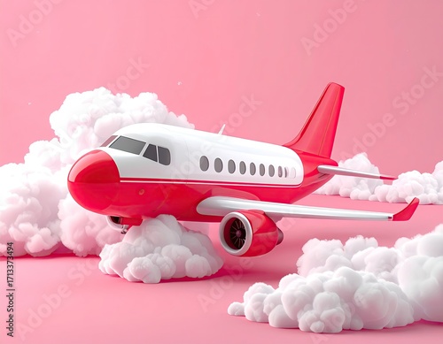 Cartoon plane on pink clouds