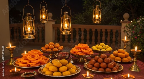 Festive table with sweets oil lamps and hanging lanterns creating a warm cultural ambience