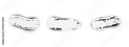 Black grainy stippled paint shape set. Grunge dusty sand texture frame and border pack. Dotted aerosol particles banner collection. Rough noise stencil stains and spots bundle. Vector