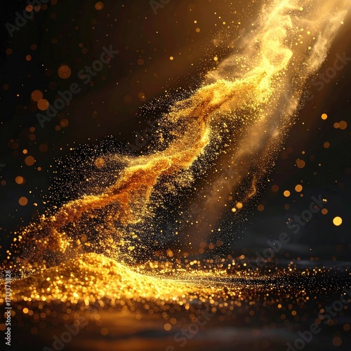 Golden, swirling, cosmic dust explosion on dark background