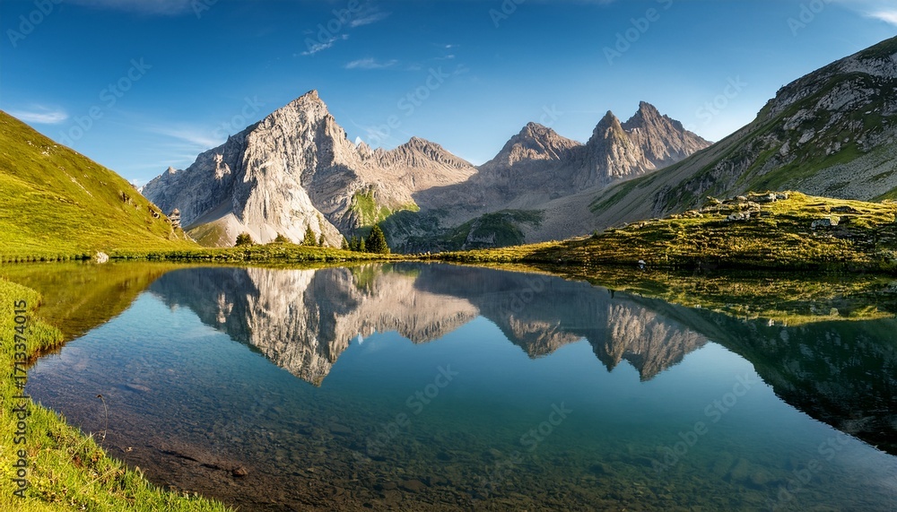 Fototapeta premium Summer Mountain Landscape In The Alps With Rugged Peaks Reflecting In Alpine Lake