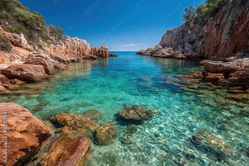 Fototapeta premium Turquoise Cove: Rocky Cliffs and Crystal Clear Water in Sardinia, Italy