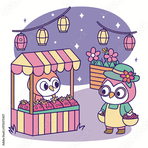 Vector art of a charming illustration depicts two adorable owls at a vibrant night market, one tending a strawberry stand under festive lanterns, the other shopping with a basket of berries