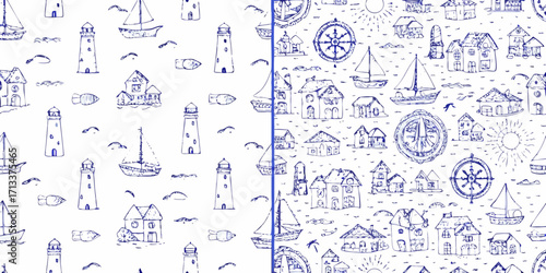 Charming blue ink sketch seamless pattern of nautical elements including lighthouses sailboats houses and compasses