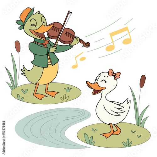 Vector art of a charming scene of two cartoon ducks by a pond, one duck plays the violin, serenading the other, creating a musical and heartwarming moment