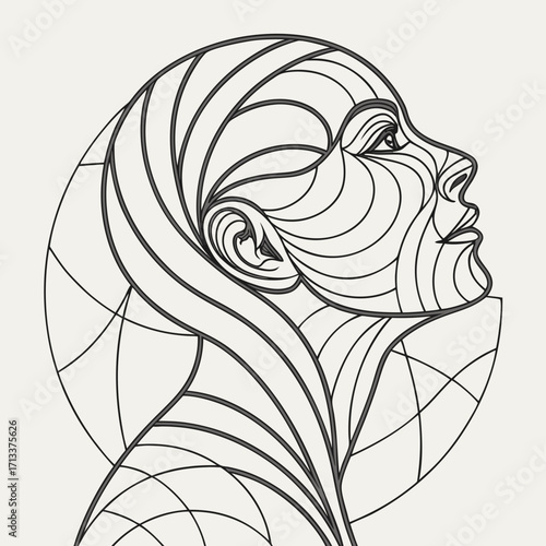 Vector art of a minimalist line art illustration of a womans face in profile, featuring geometric shapes and clean lines, the artwork emphasizes simplicity and elegance