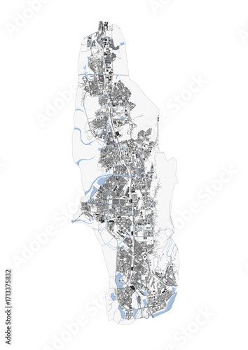 A comprehensive black and white vector map of Navi Mumbai displaying highways, buildings, and waterways in clear outline style.