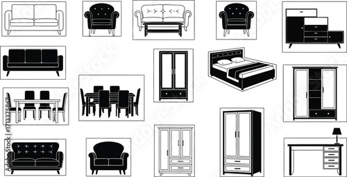 An array of furniture pieces including sofas chairs tables beds and wardrobes in black and white line art