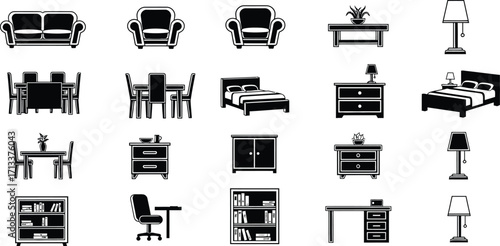 A collection of black and white furniture icons including beds tables and seating arrangements