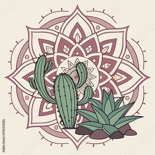 Vector art of handdrawn illustration of a cactus and aloe vera plant in front of a mandala, creating a bohemian and spiritual desert vibe with intricate floral patterns and earthy tones