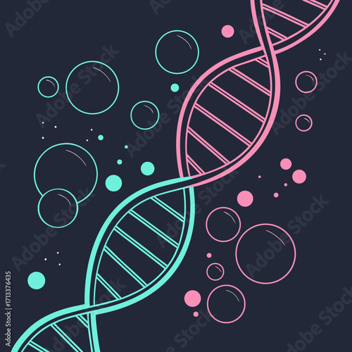 Vector art of stylized dna strand with floating bubbles, representing the building blocks of life and the mysteries of genetics with a modern and vibrant design on a dark background