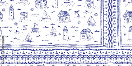 Charming blue ink sketch seamless pattern of coastal village with houses sailboats and lighthouses
