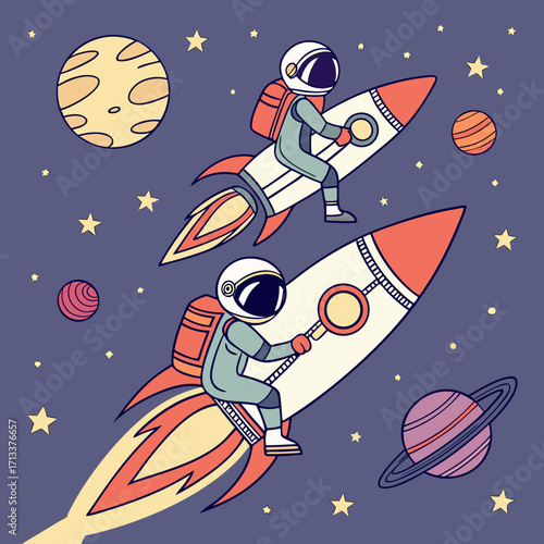 Vector art of two astronauts embark on a cosmic journey aboard their rockets, navigating through a vibrant galaxy filled with planets and stars, igniting a sense of wonder and exploration