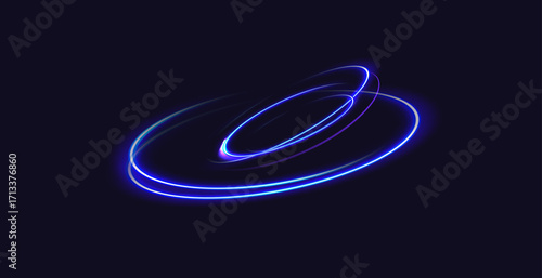 Circular light trail.Blue neon circle light.Blue glowing rings of light spinning.
