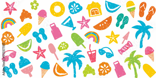 Vibrant summer pattern with beach and tropical icons in bright colors