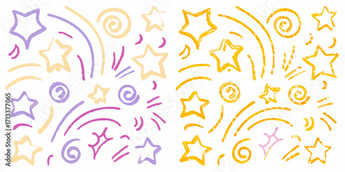 Hand drawn starbursts and swirls in purple yellow and orange on white background