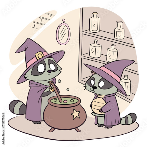 Vector art of two raccoon witches are brewing a spooky potion in a dimly lit room, complete with shelves of mysterious ingredients and a hanging mirror illustration